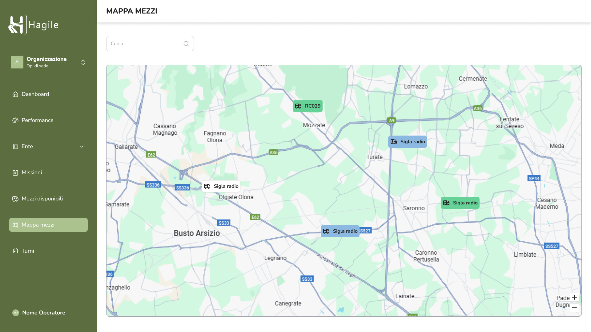 Visualizzazione della mappa mezzi nell'app Hagile backoffice